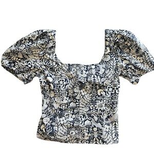 J Crew puff sleeve cotton poplin square neck top floral mermaid print top size 2